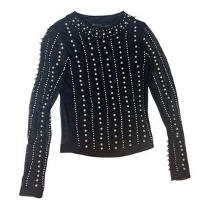 Moa Moa black long-sleeved, sheer top with pearl embellishments